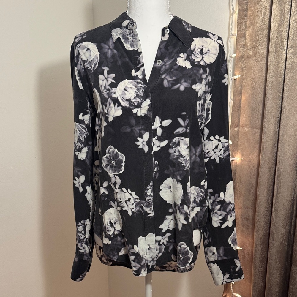 Theory Floral Black and White Women's 100% Silk Top Small $285 Retail